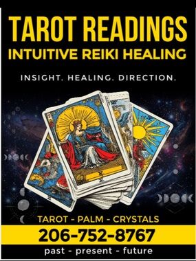 Tarot Readings Poster with Bright Yellow Text and Illustrated Cards